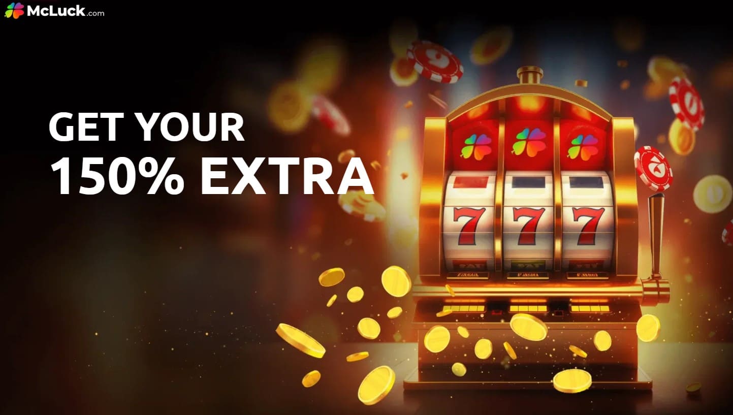McLuck.com promotional banner featuring a winning slot machine with triple sevens, surrounded by gold coins and red poker chips, highlighting a 150% bonus offer for new players.