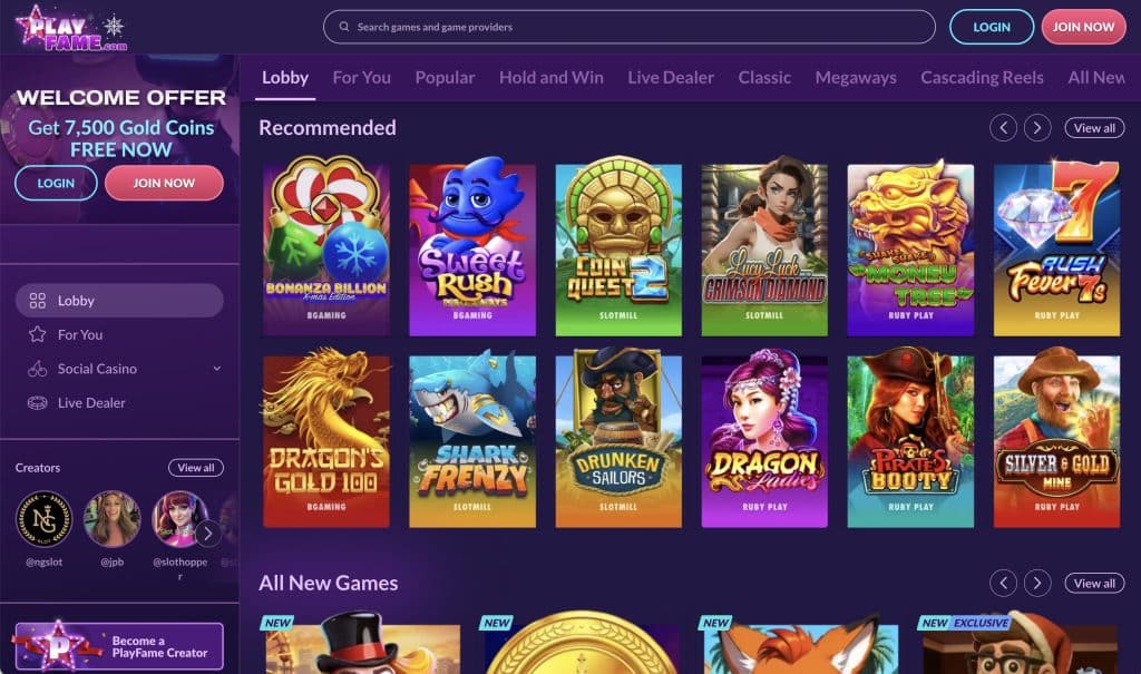 PlayFame Casino Lobby Scaled